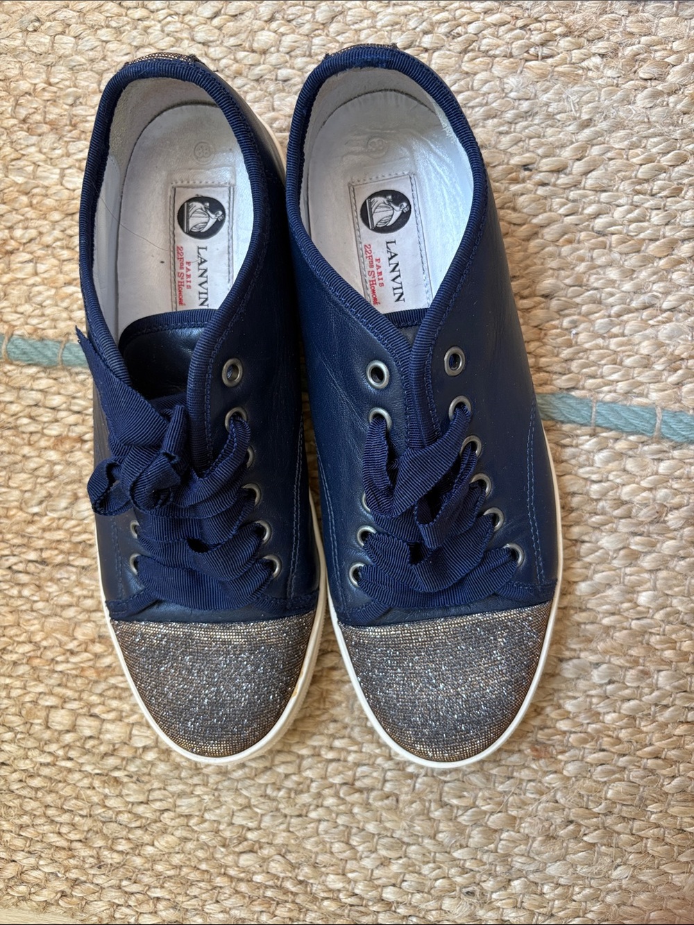 Lanvin Navy Sneakers with Silver Glitter Toecaps
